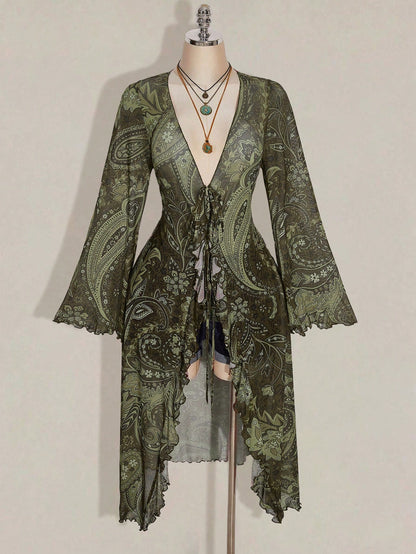 CURVE+ Plus Size Women's Summer Casual Boho Vacation Style Paisley Print Tie-Front Long Shirt Vacation Olive Green