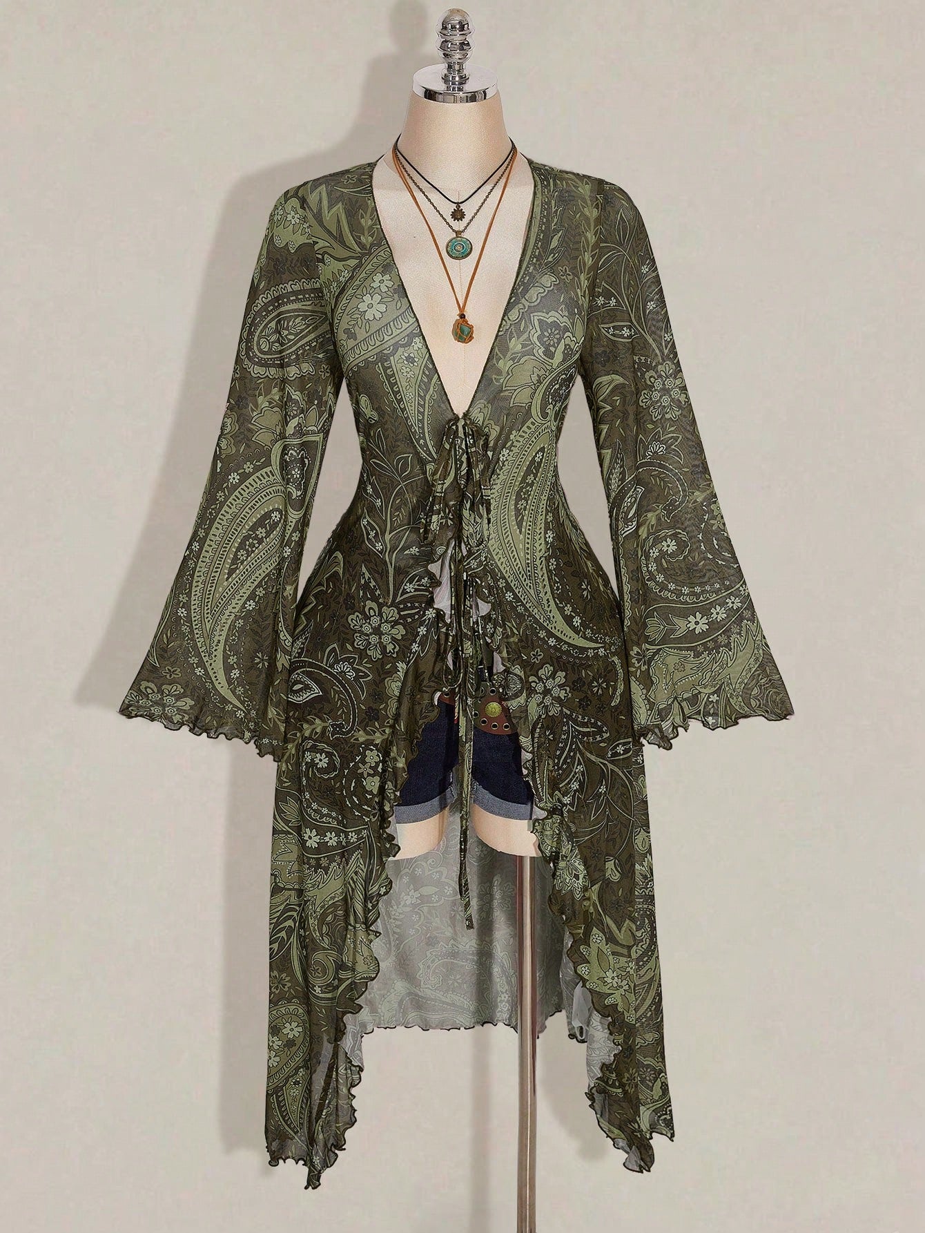 CURVE+ Plus Size Women's Summer Casual Boho Vacation Style Paisley Print Tie-Front Long Shirt Vacation Olive Green