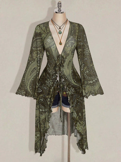 CURVE+ Plus Size Women's Summer Casual Boho Vacation Style Paisley Print Tie-Front Long Shirt Vacation Olive Green