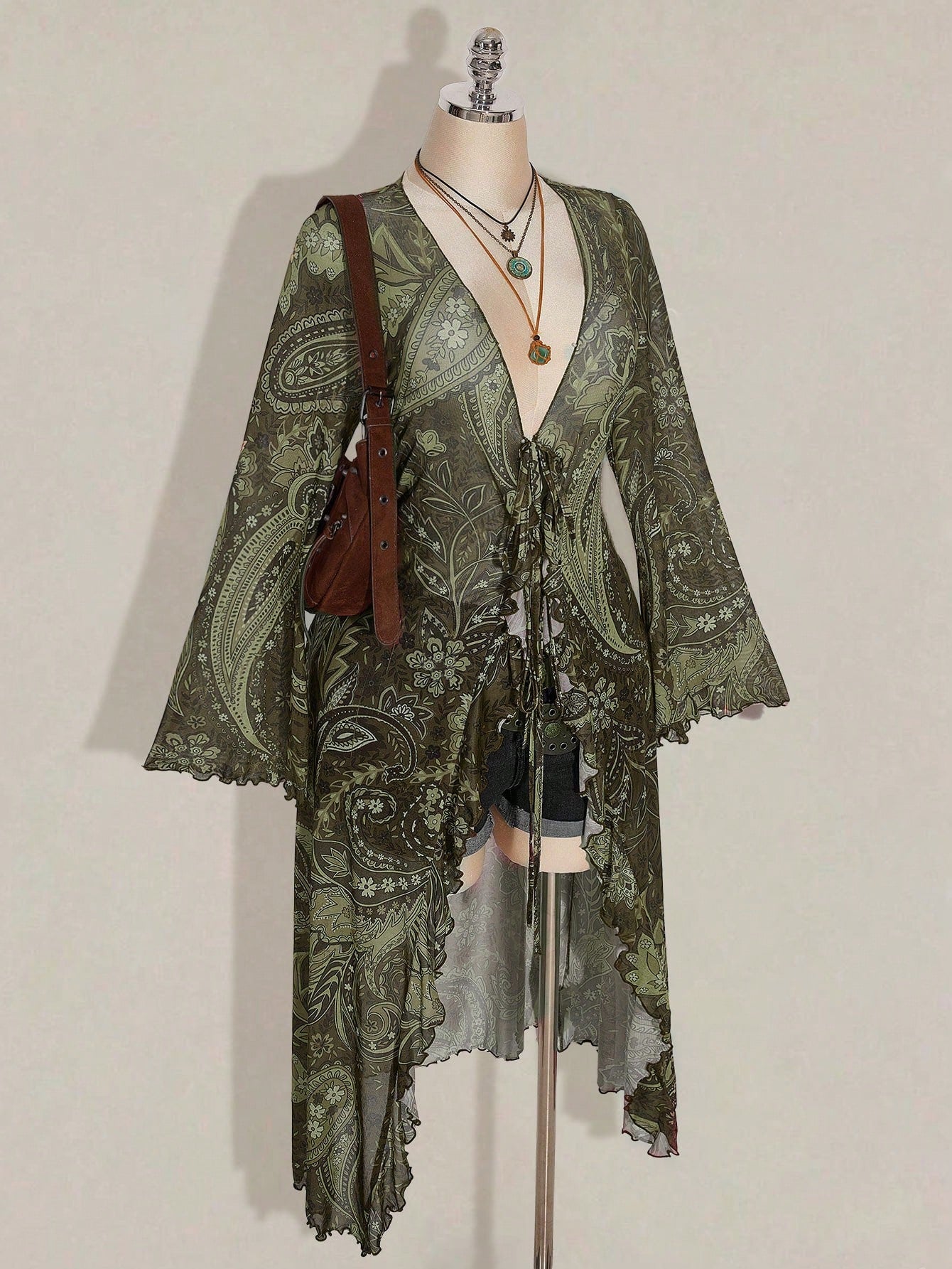CURVE+ Plus Size Women's Summer Casual Boho Vacation Style Paisley Print Tie-Front Long Shirt Vacation Olive Green