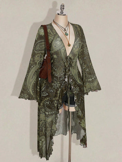CURVE+ Plus Size Women's Summer Casual Boho Vacation Style Paisley Print Tie-Front Long Shirt Vacation Olive Green