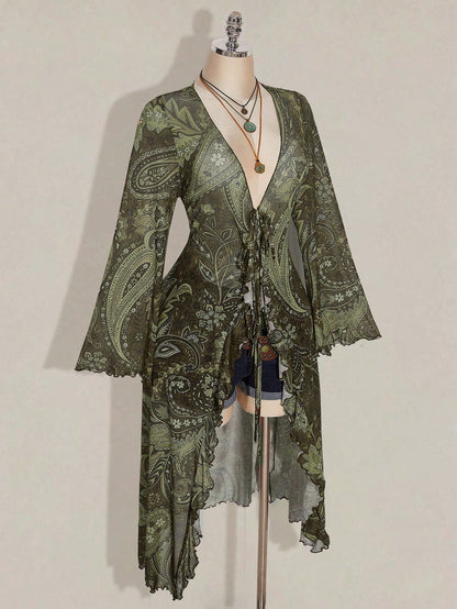CURVE+ Plus Size Women's Summer Casual Boho Vacation Style Paisley Print Tie-Front Long Shirt Vacation Olive Green