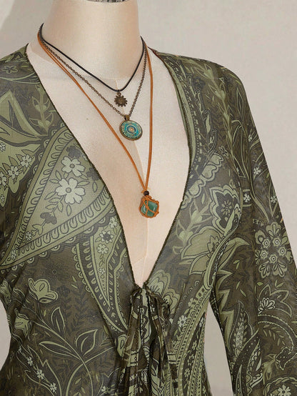 CURVE+ Plus Size Women's Summer Casual Boho Vacation Style Paisley Print Tie-Front Long Shirt Vacation Olive Green