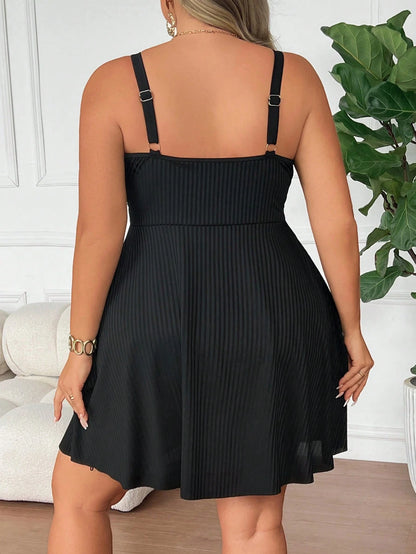 CURVE+ Plus Size Women's Summer Hollow Front Tie Bowknot Modest Cover Stomach Long Skirt Beach Dress, Two-Piece Swimsuit Set With Special Fabric