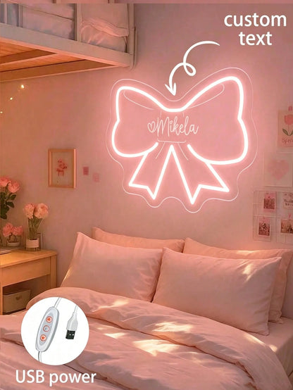 Custom Bow Neon Light Sign Girl Bedroom Decor, Pink Bedroom Decoration, Personalized Birthday, Christmas Party Decoration Gift, Size: 13.19"H*11.02"