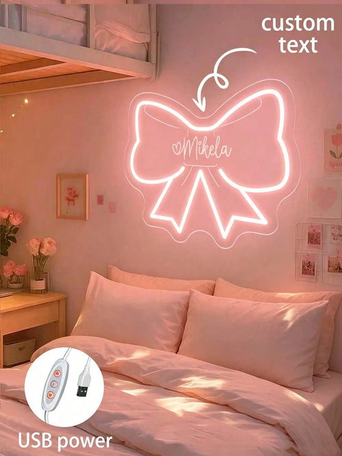 Custom Bow Neon Light Sign Girl Bedroom Decor, Pink Bedroom Decoration, Personalized Birthday, Christmas Party Decoration Gift, Size: 13.19"H*11.02"