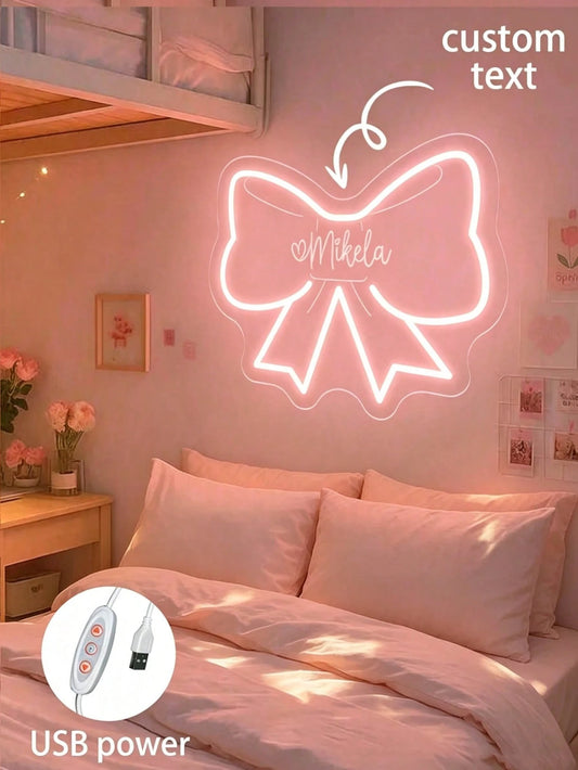 Custom Bow Neon Light Sign Girl Bedroom Decor, Pink Bedroom Decoration, Personalized Birthday, Christmas Party Decoration Gift, Size: 13.19"H*11.02"