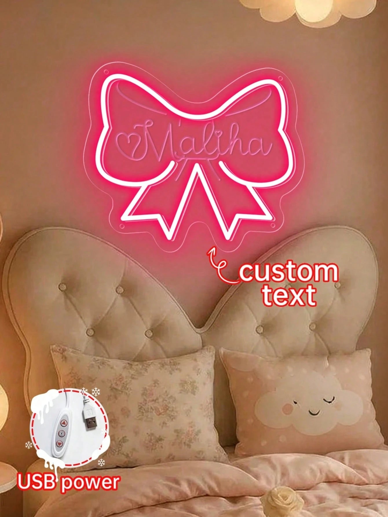 Custom Bow Neon Light Sign Girl Bedroom Decor, Pink Bedroom Decoration, Personalized Birthday, Christmas Party Decoration Gift, Size: 13.19"H*11.02"