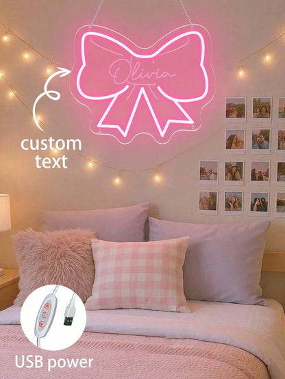 Custom Bow Neon Light Sign Girl Bedroom Decor, Pink Bedroom Decoration, Personalized Birthday, Christmas Party Decoration Gift, Size: 13.19"H*11.02"