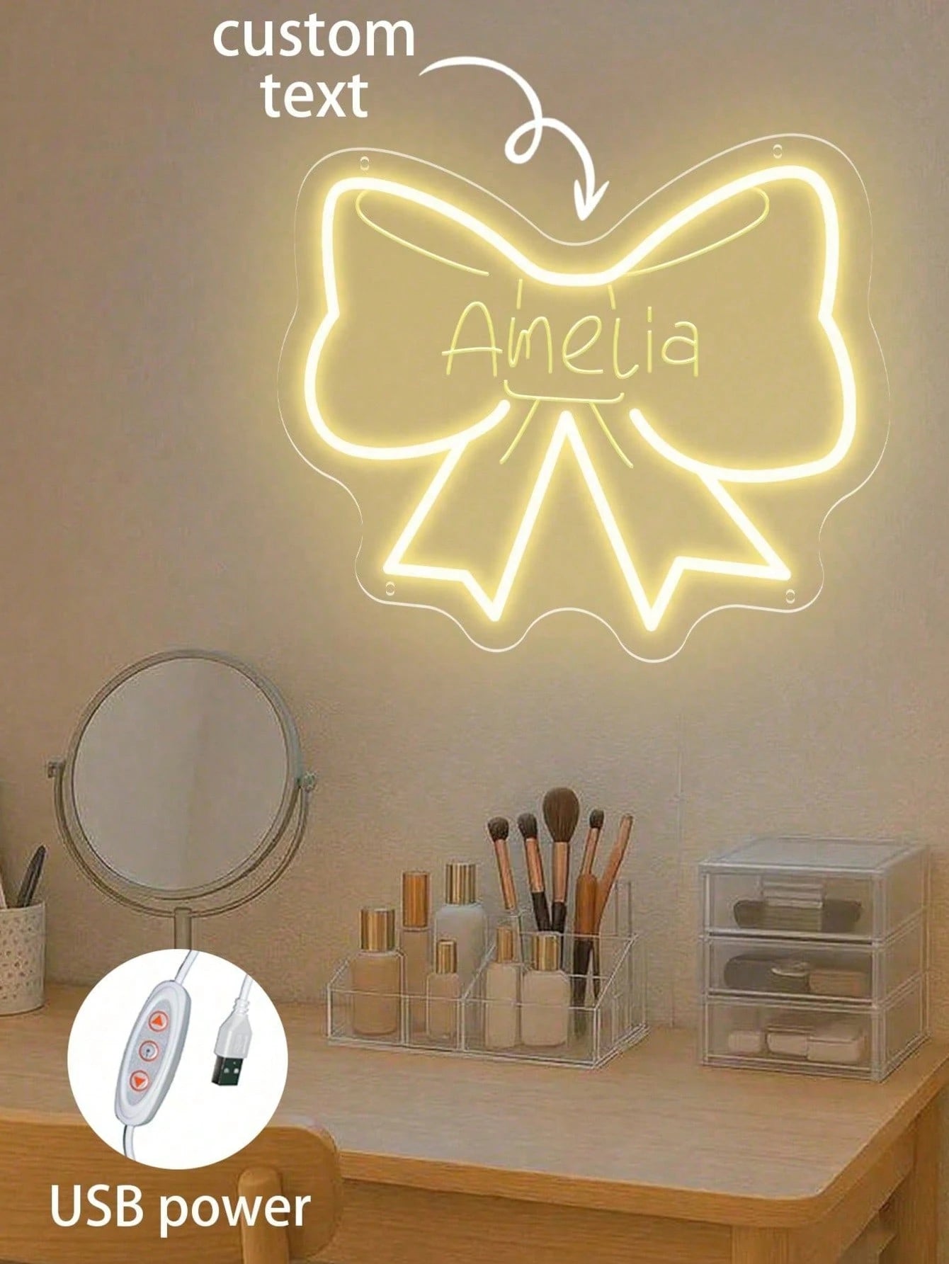 Custom Bow Neon Light Sign Girl Bedroom Decor, Pink Bedroom Decoration, Personalized Birthday, Christmas Party Decoration Gift, Size: 13.19"H*11.02"