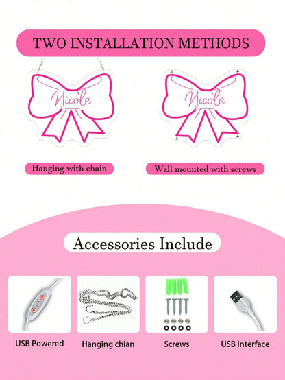 Custom Bow Neon Light Sign Girl Bedroom Decor, Pink Bedroom Decoration, Personalized Birthday, Christmas Party Decoration Gift, Size: 13.19"H*11.02"