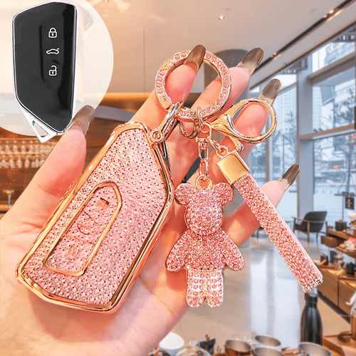 Custom Diamond Pattern Car Key Shell With Puppy Keychain, Shiny Rhinestone Keyring, Suitable For Golf 8, MK8 ID-4 ID-6, Leon 4, Octavia A8, Leon FR MK4, Christmas And Thanksgiving Gift