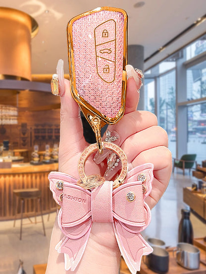 Custom Diamond Pattern Car Key Shell With Puppy Keychain, Shiny Rhinestone Keyring, Suitable For Golf 8, MK8 ID-4 ID-6, Leon 4, Octavia A8, Leon FR MK4, Christmas And Thanksgiving Gift