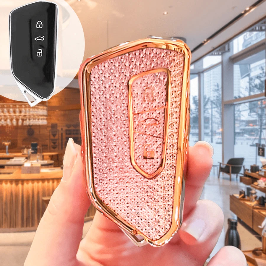 Custom Diamond Pattern Car Key Shell With Puppy Keychain, Shiny Rhinestone Keyring, Suitable For Golf 8, MK8 ID-4 ID-6, Leon 4, Octavia A8, Leon FR MK4, Christmas And Thanksgiving Gift