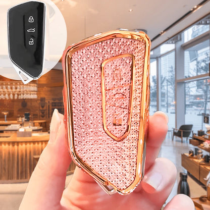Custom Diamond Pattern Car Key Shell With Puppy Keychain, Shiny Rhinestone Keyring, Suitable For Golf 8, MK8 ID-4 ID-6, Leon 4, Octavia A8, Leon FR MK4, Christmas And Thanksgiving Gift