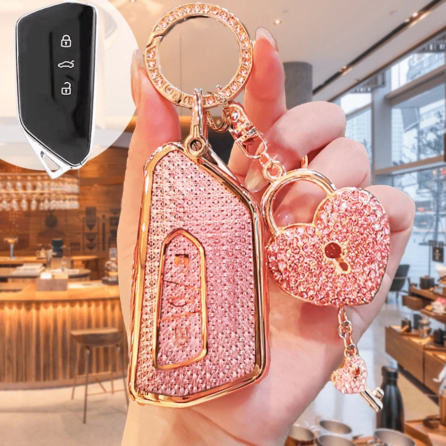 Custom Diamond Pattern Car Key Shell With Puppy Keychain, Shiny Rhinestone Keyring, Suitable For Golf 8, MK8 ID-4 ID-6, Leon 4, Octavia A8, Leon FR MK4, Christmas And Thanksgiving Gift