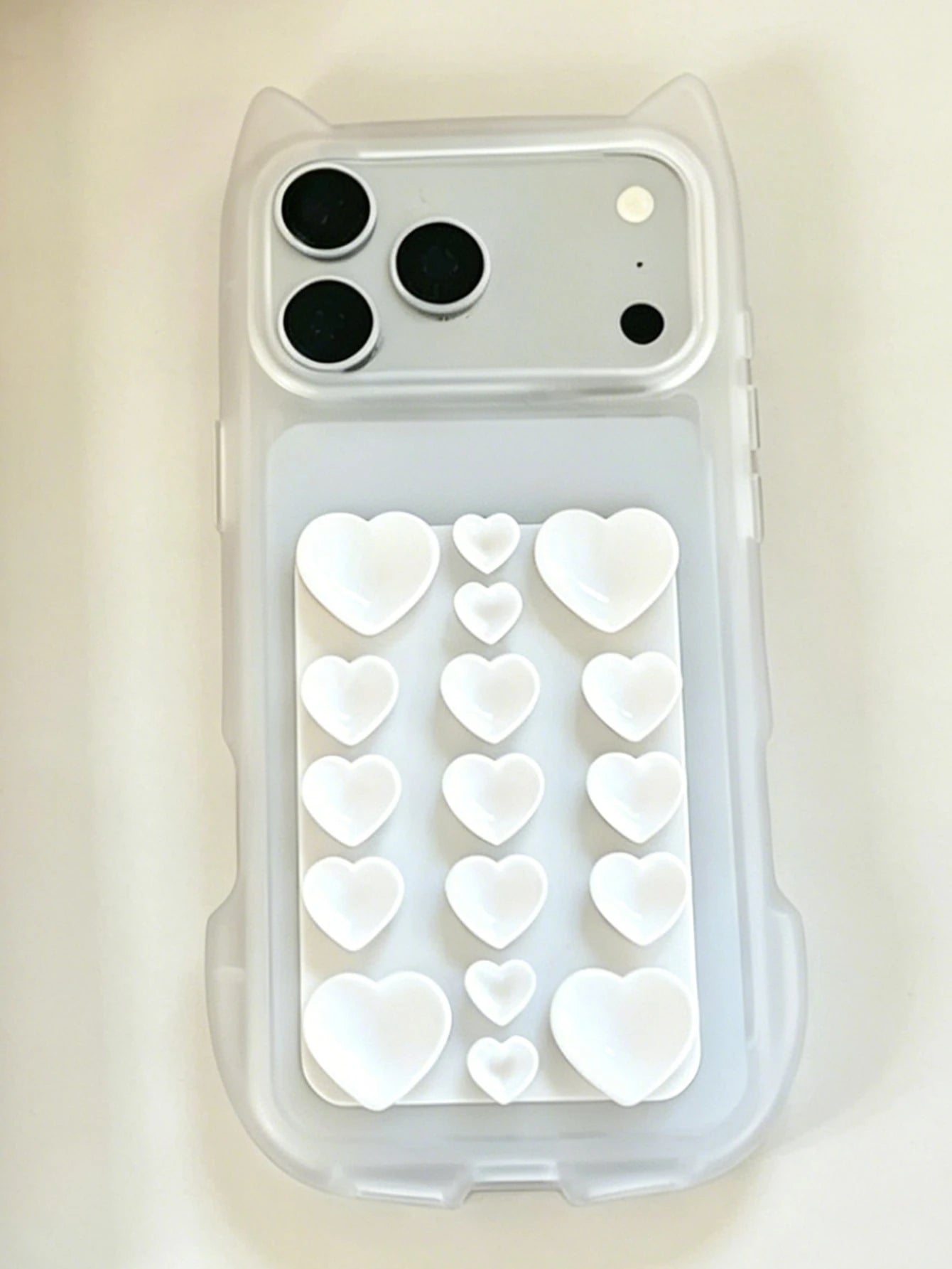 Cute 3D Cat Ear Matte Translucent Phone Case + Dopamine Heart Sticker Suction Cup Holder Compatible With IPhone 17 Pro Max 17 Pro 17 16 Pro Max 16 Pro 16 15 Pro Max 15 Pro Max 15 Pro 15 14 Pro Max 14