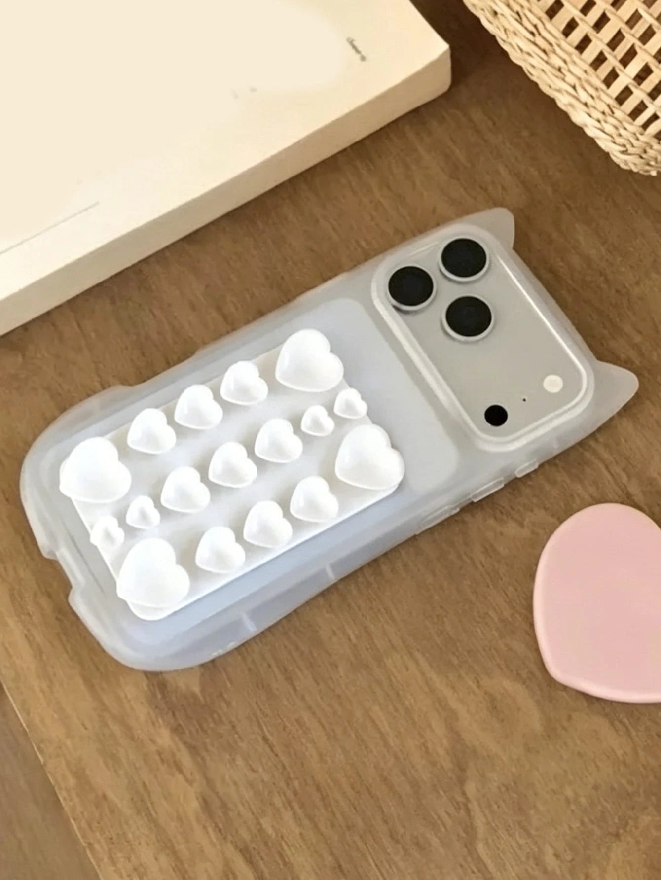 Cute 3D Cat Ear Matte Translucent Phone Case + Dopamine Heart Sticker Suction Cup Holder Compatible With IPhone 17 Pro Max 17 Pro 17 16 Pro Max 16 Pro 16 15 Pro Max 15 Pro Max 15 Pro 15 14 Pro Max 14