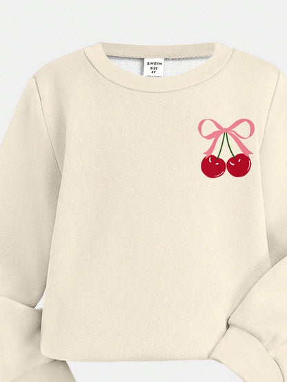 Cute Baby Girl Pink Bow Cherry Print Knit Pullover Outfit, Red And White Autumn Winter Clothes, Family Matching Casual Cozy Christmas Gifts For Baby Girl