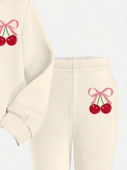 Cute Baby Girl Pink Bow Cherry Print Knit Pullover Outfit, Red And White Autumn Winter Clothes, Family Matching Casual Cozy Christmas Gifts For Baby Girl