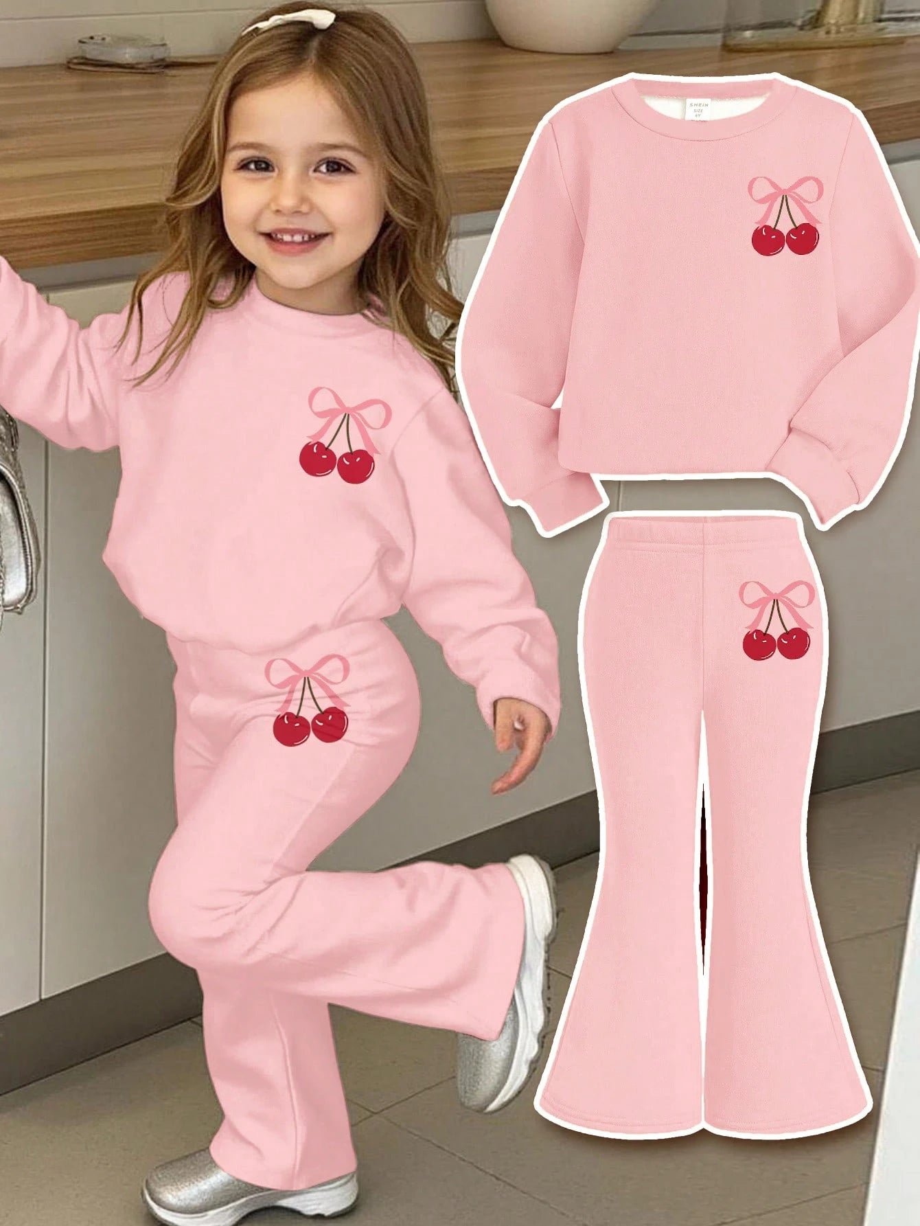Cute Baby Girl Pink Bow Cherry Print Knit Pullover Outfit, Red And White Autumn Winter Clothes, Family Matching Casual Cozy Christmas Gifts For Baby Girl