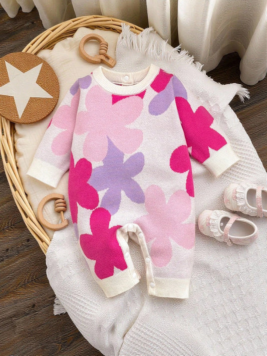 Cute Baby Girls Floral Applique Long Sleeve Romper,Soft Autumn Off-White Jumper For Matching Family,Newborn Toddler Christmas Halloween Outfit,Pink