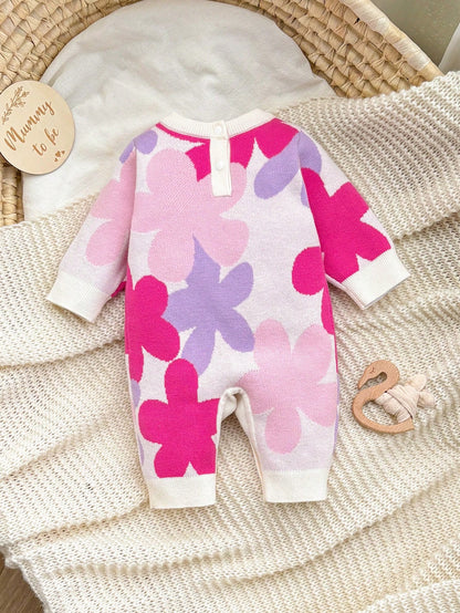 Cute Baby Girls Floral Applique Long Sleeve Romper,Soft Autumn Off-White Jumper For Matching Family,Newborn Toddler Christmas Halloween Outfit,Pink
