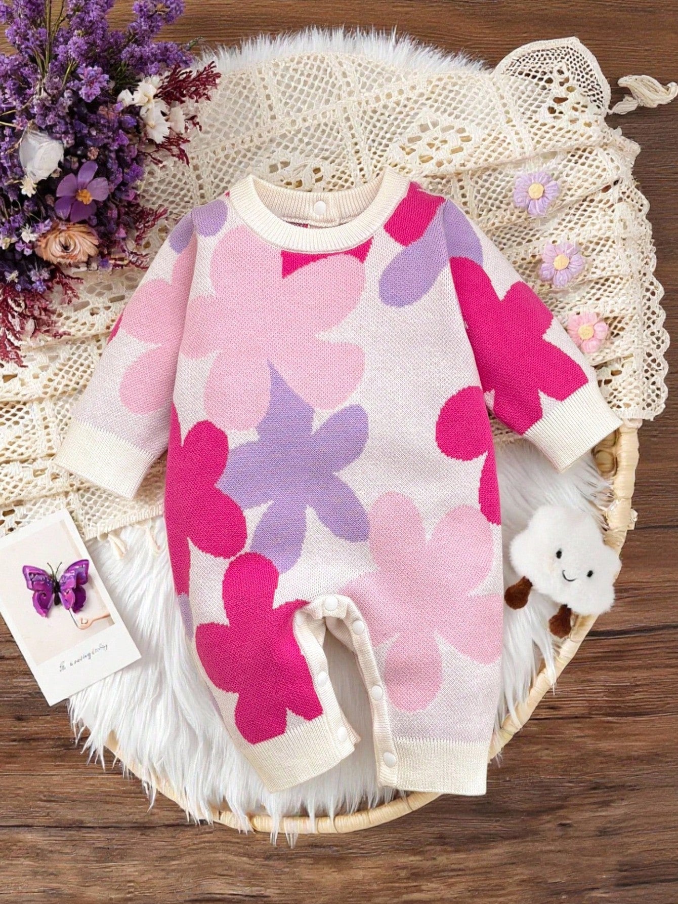 Cute Baby Girls Floral Applique Long Sleeve Romper,Soft Autumn Off-White Jumper For Matching Family,Newborn Toddler Christmas Halloween Outfit,Pink