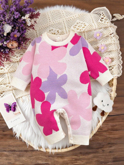 Cute Baby Girls Floral Applique Long Sleeve Romper,Soft Autumn Off-White Jumper For Matching Family,Newborn Toddler Christmas Halloween Outfit,Pink
