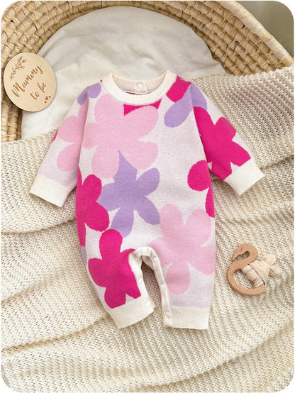 Cute Baby Girls Floral Applique Long Sleeve Romper,Soft Autumn Off-White Jumper For Matching Family,Newborn Toddler Christmas Halloween Outfit,Pink