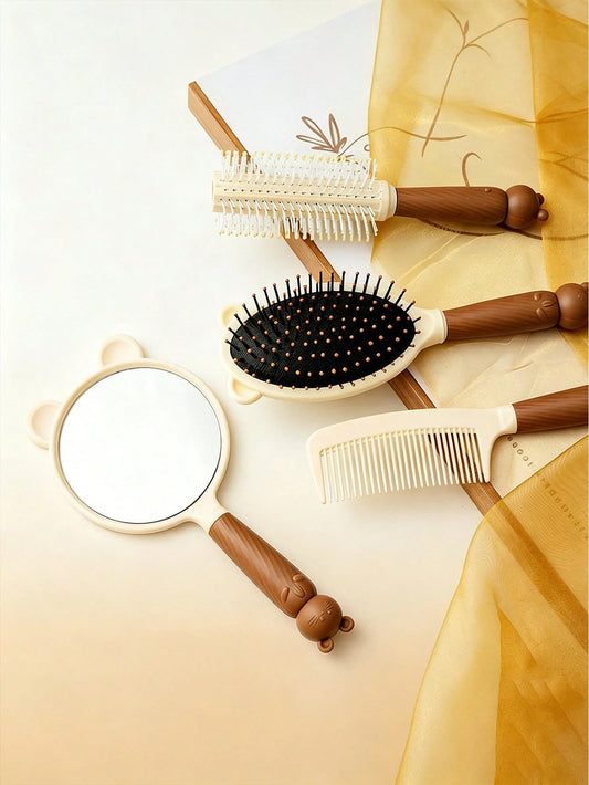 Cute Bear Fur Brush Set, Air Cushion Brush, Round Comb, Handheld Mirror, Hair Styling Tools For Girl Daily Use