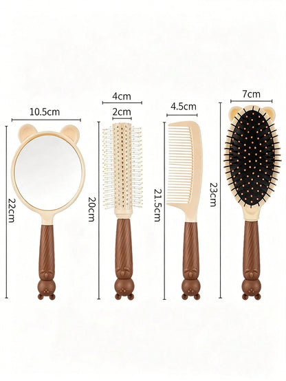 Cute Bear Fur Brush Set, Air Cushion Brush, Round Comb, Handheld Mirror, Hair Styling Tools For Girl Daily Use