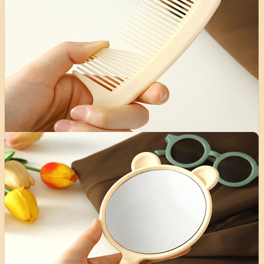 Cute Bear Fur Brush Set, Air Cushion Brush, Round Comb, Handheld Mirror, Hair Styling Tools For Girl Daily Use