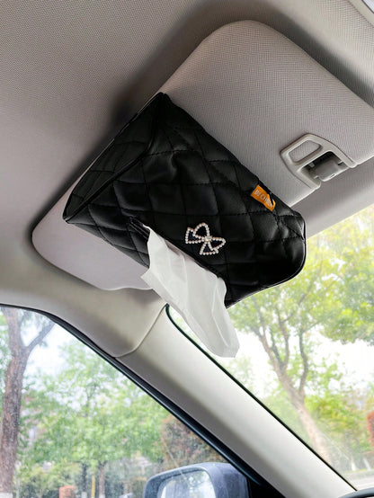 Cute Bow Tie Car Tissue Box, Leather Material Creative Visor Tissue Holder, Armrest Box Tissue Bag, Seat Back Tissue Holder, Car Interior Accessory (Length 17.5cm/6.88in, Width 12cm/4.72in)