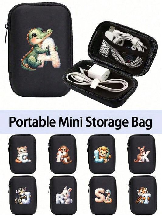 Cute Cartoon Animal Pattern Themed Alphabet A-Z Portable Mini Storage Bag, Waterproof And Shockproof Digital Pouch For Storing Initial, Name, Logo, Phone Charger, Data Cable, Zipper Storage Box, Walle