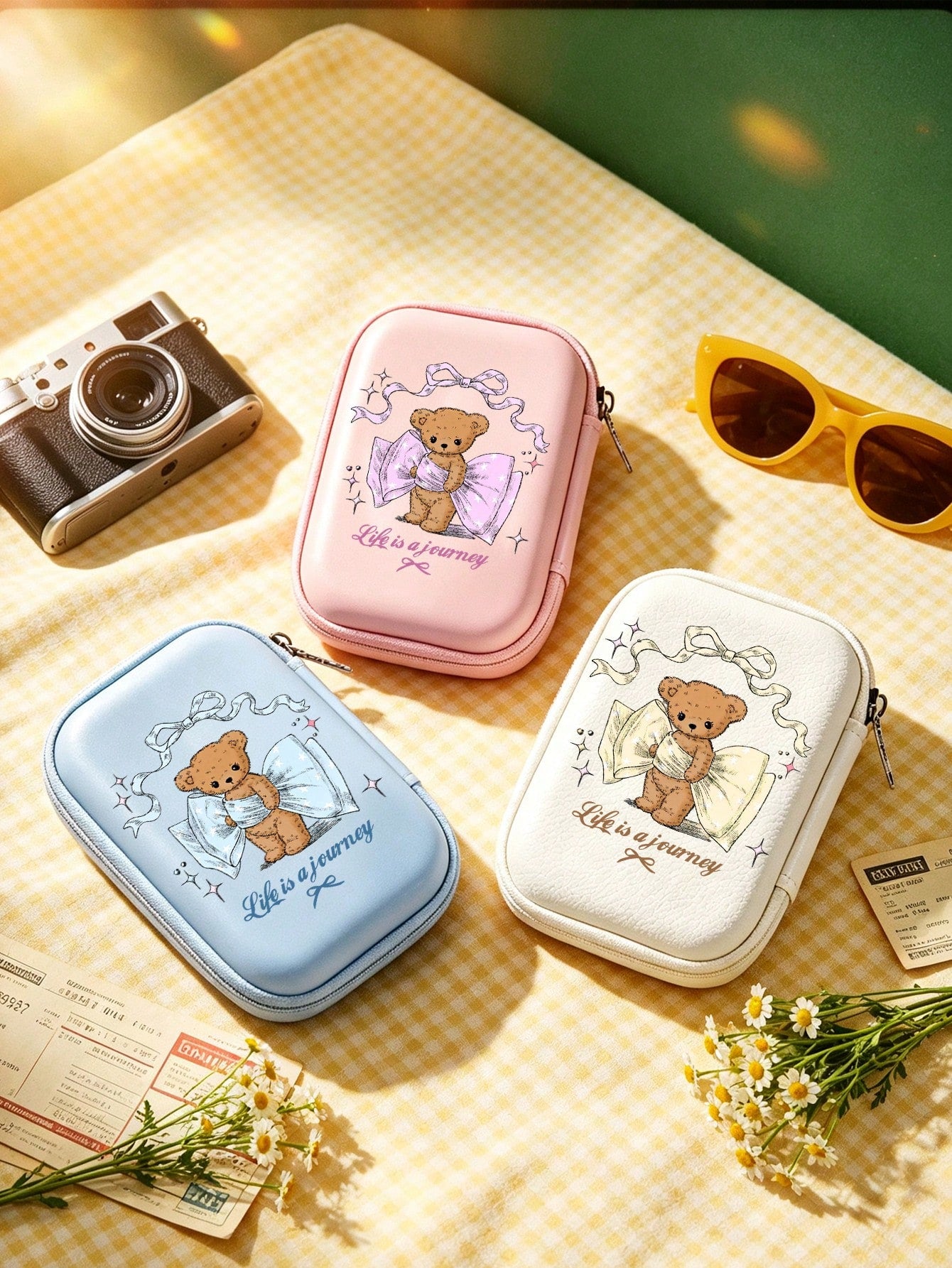 Cute Cartoon Bear Print Travel Digital Bag, Multi-Functional Zipper Pouch, Can Be Used As Camera Bag, Makeup Bag, Sanitary Napkin Storage Bag And Digital Accessories Bag; Waterproof Lightweight Large