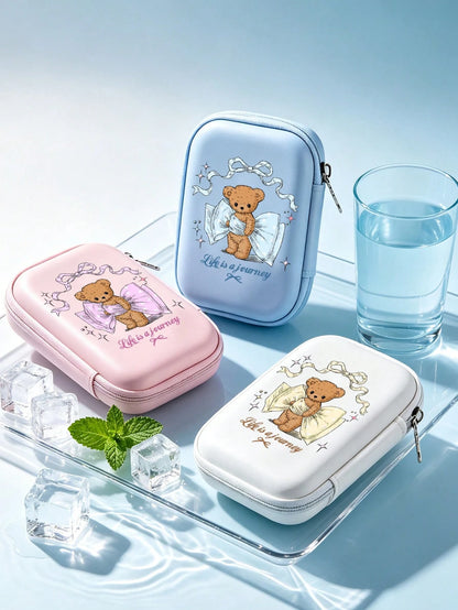 Cute Cartoon Bear Print Travel Digital Bag, Multi-Functional Zipper Pouch, Can Be Used As Camera Bag, Makeup Bag, Sanitary Napkin Storage Bag And Digital Accessories Bag; Waterproof Lightweight Large