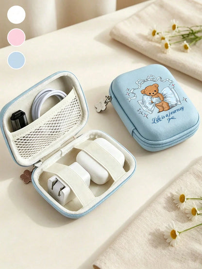 Cute Cartoon Bear Print Travel Digital Bag, Multi-Functional Zipper Pouch, Can Be Used As Camera Bag, Makeup Bag, Sanitary Napkin Storage Bag And Digital Accessories Bag; Waterproof Lightweight Large