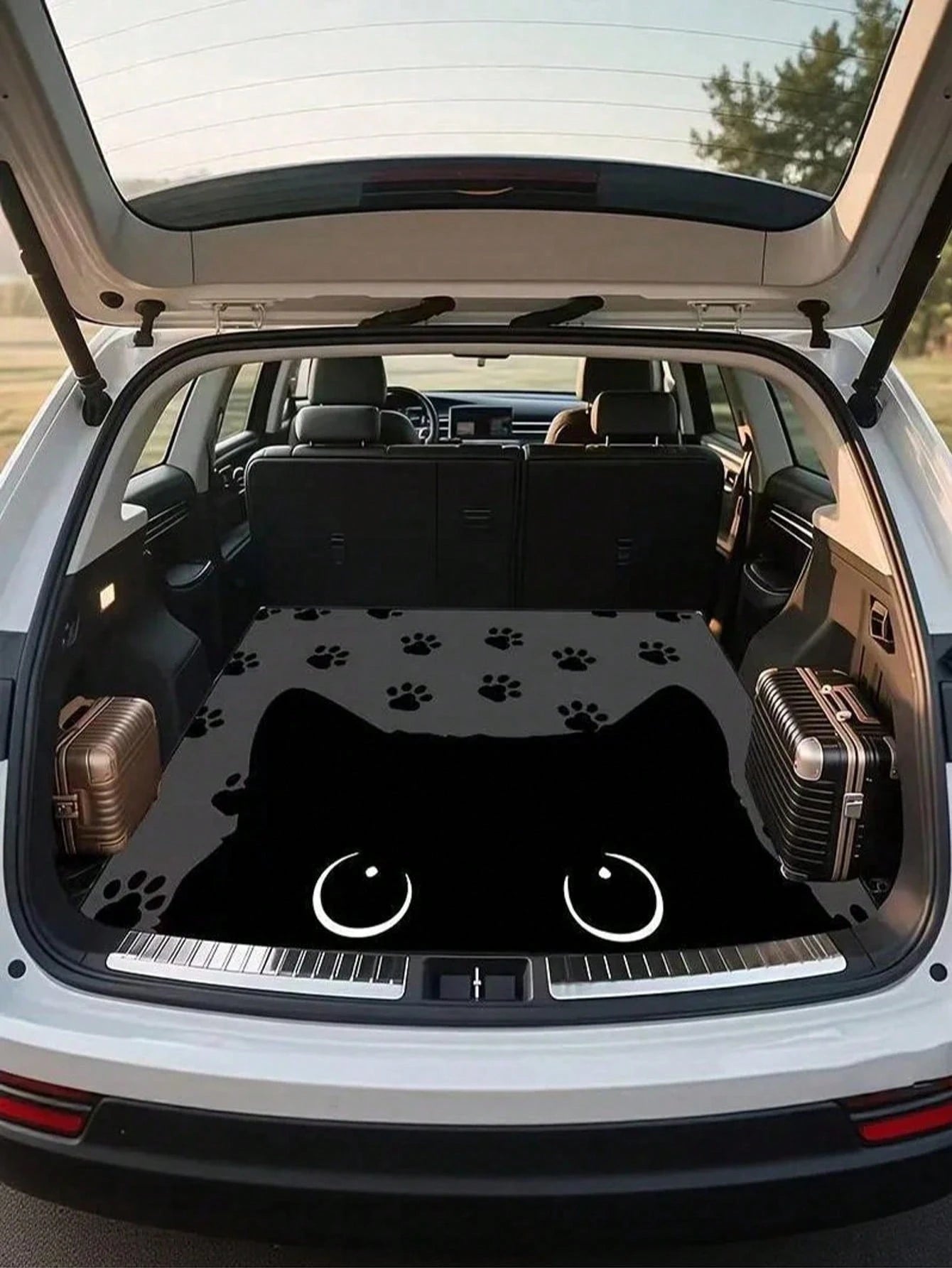 Cute Cat Face & Paw Print Car Trunk Mat, Universal Decorative Cargo Liner For Multiple Car Models, Waterproof & Dry Rear Boot Floor Protector, Essential Pet Travel Interior Accessory