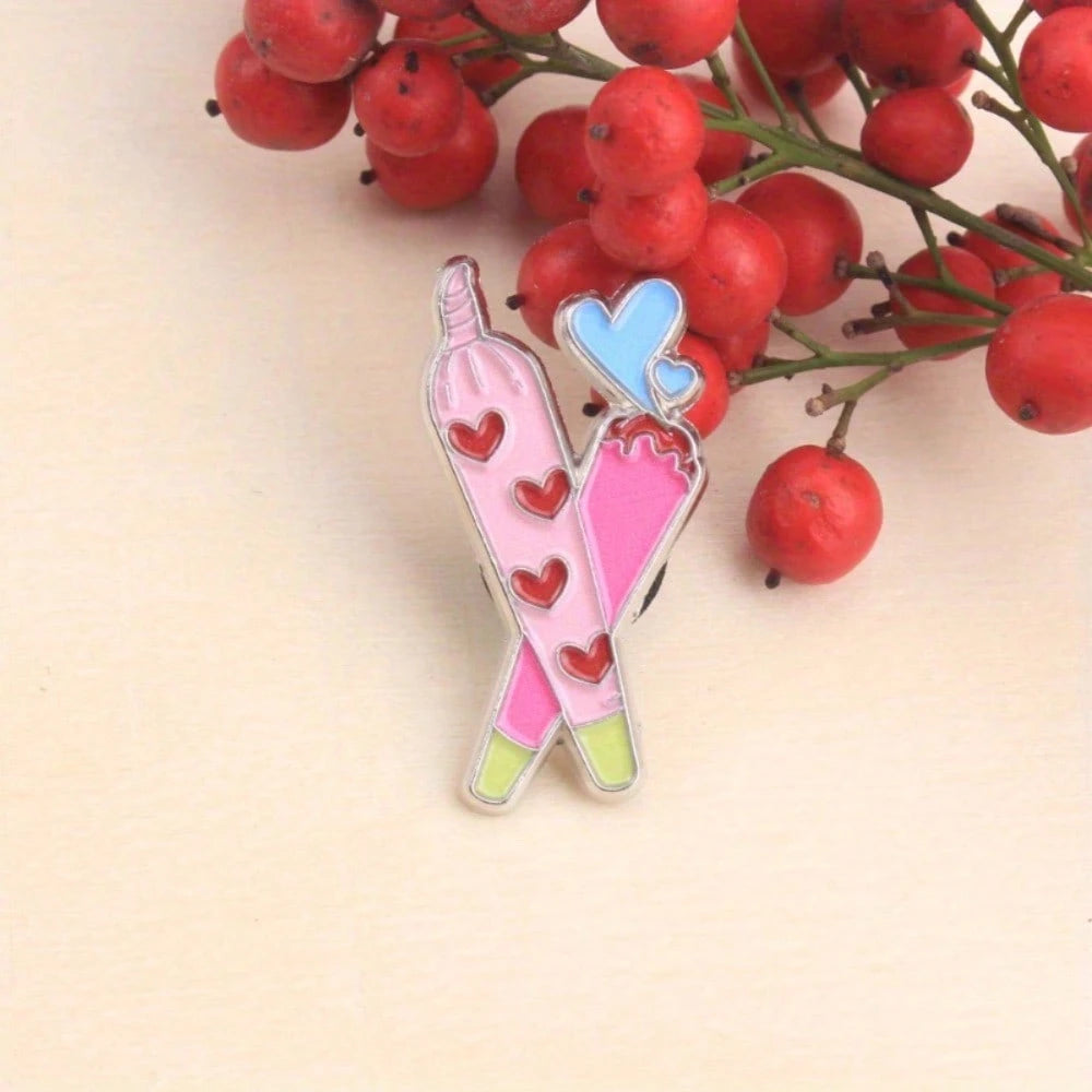 Cute Colorful Crossed Heart Enamel Pin, Pink & Blue Playful Heart Brooch, Decor For Clothes & Bags
