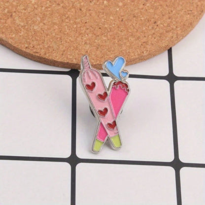 Cute Colorful Crossed Heart Enamel Pin, Pink & Blue Playful Heart Brooch, Decor For Clothes & Bags