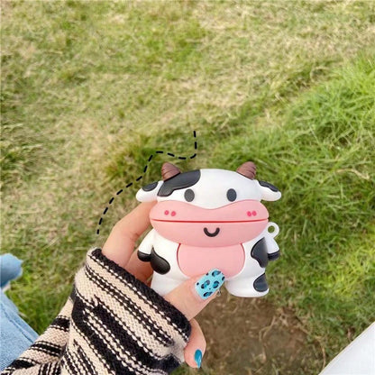 Cute Cow Pattern Silicone 1pc 3D Cartoon Cow Silicone Soft Case + Carabiner Earbud Case Protective Cover Compatible With Apple 1st/2nd/3rd/Pro/Pro 2nd Gen, Creative Design Birthday Gift Spring
