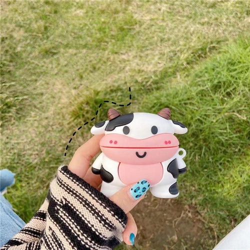 Cute Cow Pattern Silicone 1pc 3D Cartoon Cow Silicone Soft Case + Carabiner Earbud Case Protective Cover Compatible With Apple 1st/2nd/3rd/Pro/Pro 2nd Gen, Creative Design Birthday Gift Spring