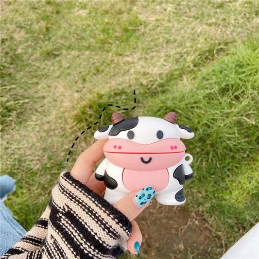 Cute Cow Pattern Silicone 1pc 3D Cartoon Cow Silicone Soft Case + Carabiner Earbud Case Protective Cover Compatible With Apple 1st/2nd/3rd/Pro/Pro 2nd Gen, Creative Design Birthday Gift Spring