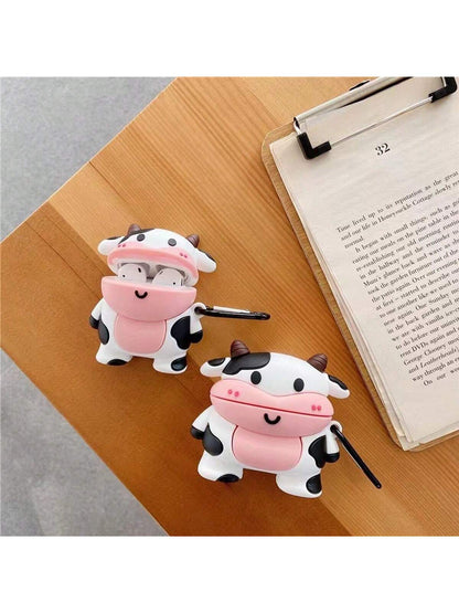 Cute Cow Pattern Silicone 1pc 3D Cartoon Cow Silicone Soft Case + Carabiner Earbud Case Protective Cover Compatible With Apple 1st/2nd/3rd/Pro/Pro 2nd Gen, Creative Design Birthday Gift Spring