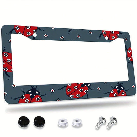 Cute Ladybug License Plate Frame, 2D Flat Print Red Insect And White Floral Car License Plate Cover, Lucky Ladybug Car License Plate Holder, Suitable For Women And Girls, Universal Size Rust-Proof Car