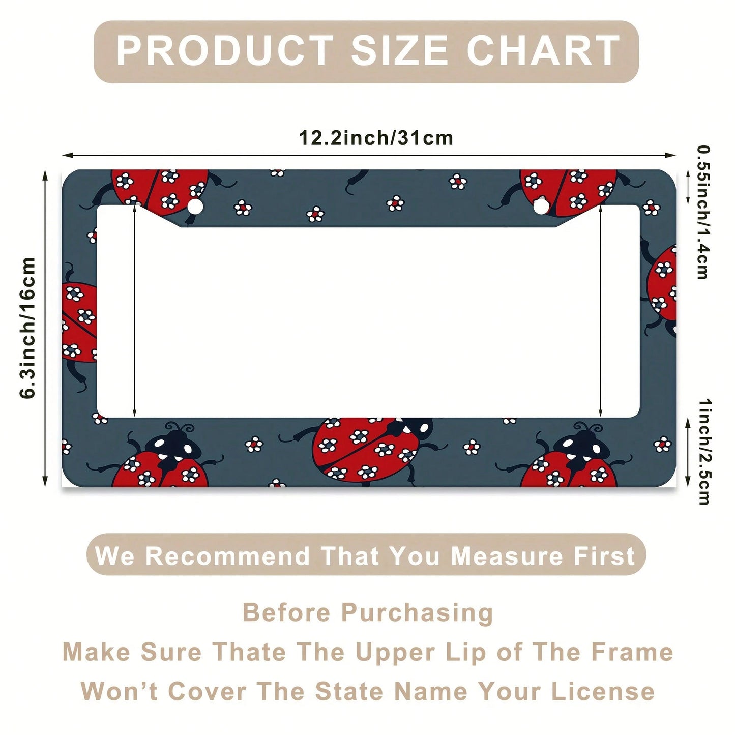 Cute Ladybug License Plate Frame, 2D Flat Print Red Insect And White Floral Car License Plate Cover, Lucky Ladybug Car License Plate Holder, Suitable For Women And Girls, Universal Size Rust-Proof Car