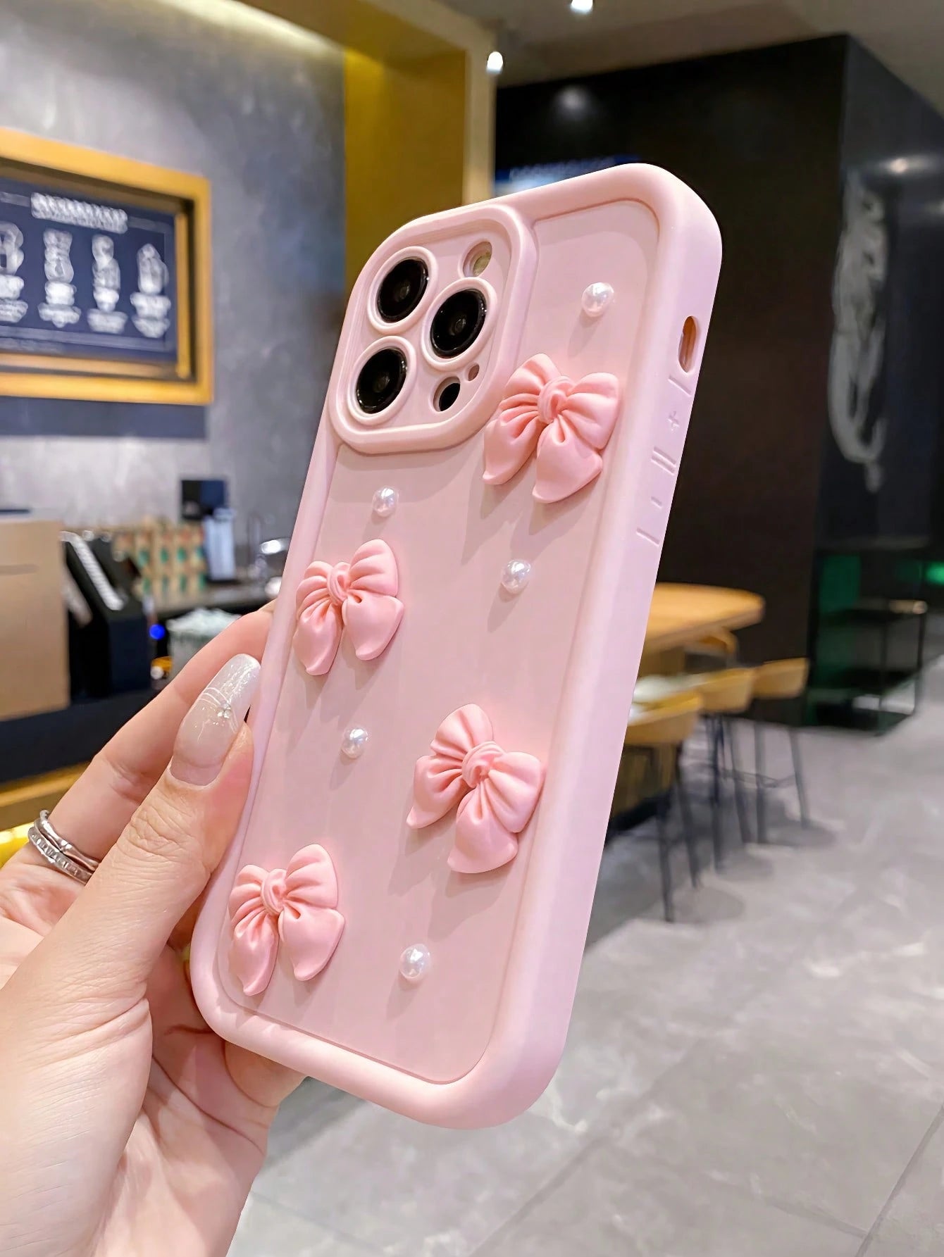 Cute Pink Luxury Bow Element Fashion 3D Pearls Phone Premium Case 1pc Shockproof Protective Cover Compatible With Apple 16/16Pro/16E/15/14/13/12 Pro Max Plus/11/XR For Women Waterproof Anti-Fall Scrat
