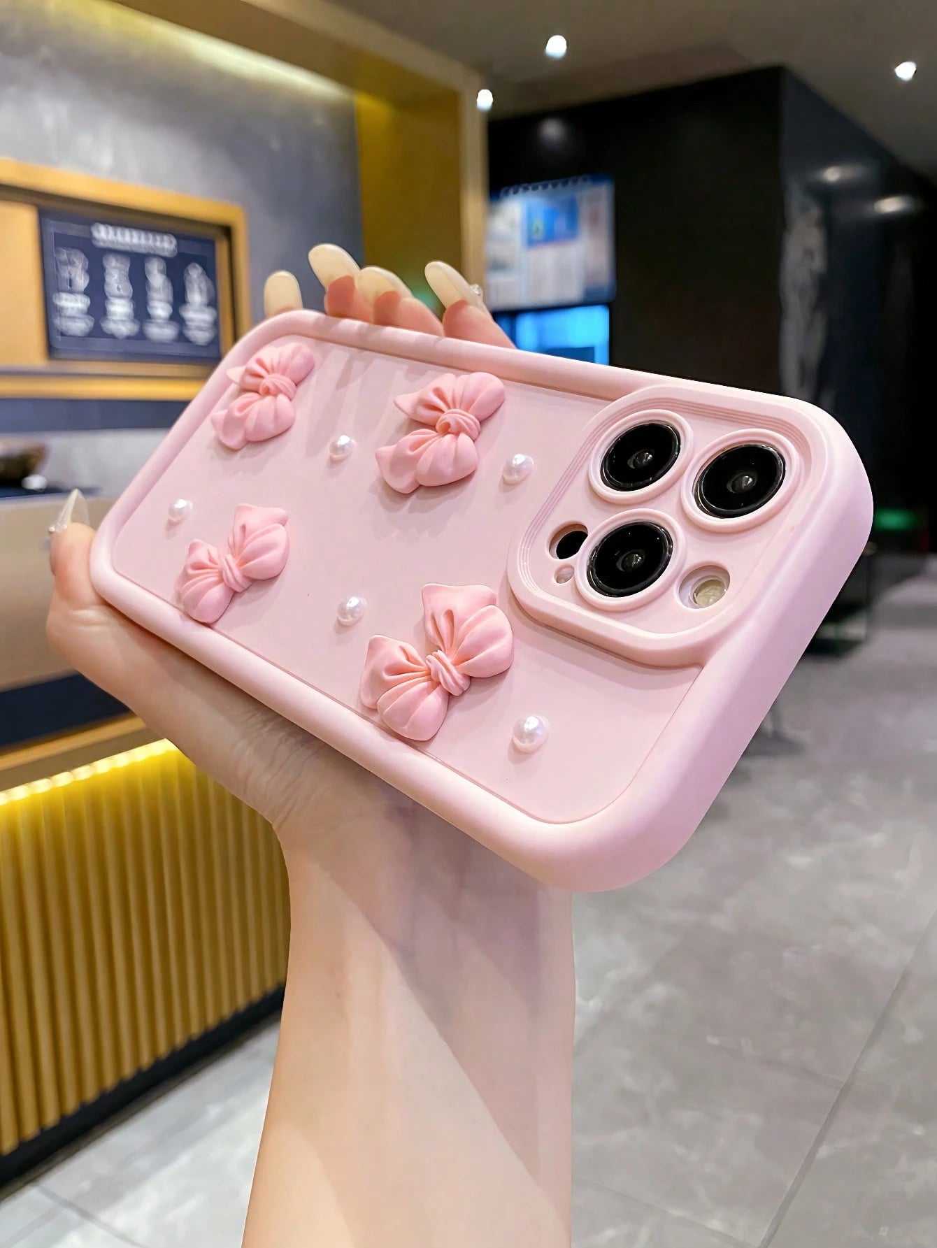 Cute Pink Luxury Bow Element Fashion 3D Pearls Phone Premium Case 1pc Shockproof Protective Cover Compatible With Apple 16/16Pro/16E/15/14/13/12 Pro Max Plus/11/XR For Women Waterproof Anti-Fall Scrat