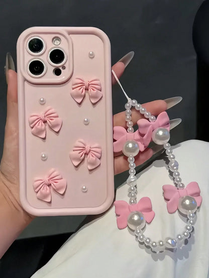 Cute Pink Luxury Bow Element Fashion 3D Pearls Phone Premium Case 1pc Shockproof Protective Cover Compatible With Apple 16/16Pro/16E/15/14/13/12 Pro Max Plus/11/XR For Women Waterproof Anti-Fall Scrat
